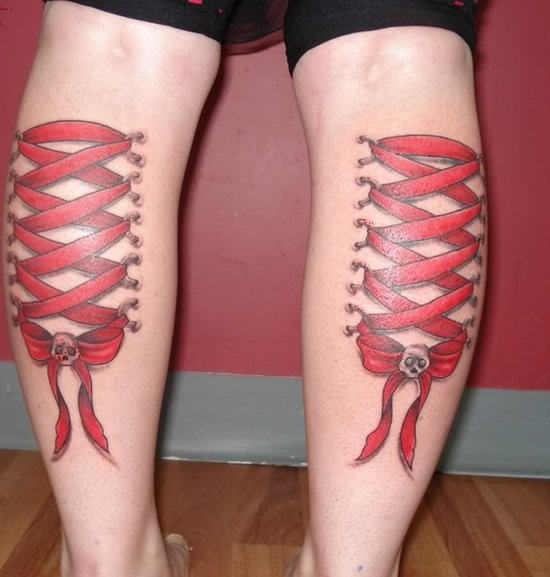 Red Ribbons Corset Tattoos On Back Legs