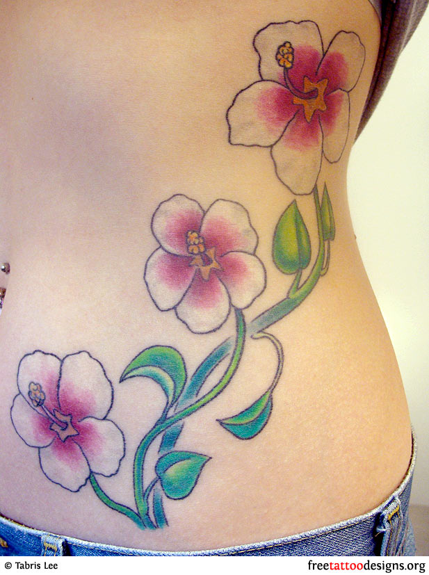 Simple Hibiscus Flowers Tattoo On Back
