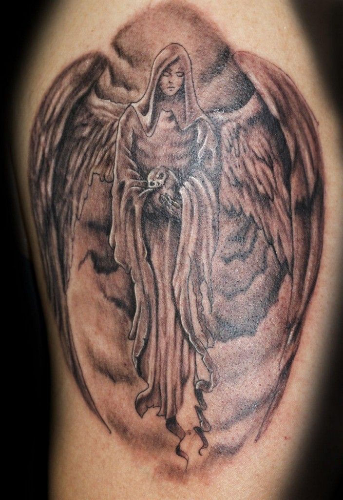 Awesome Grey Ink Angel Girl Tattoo Design