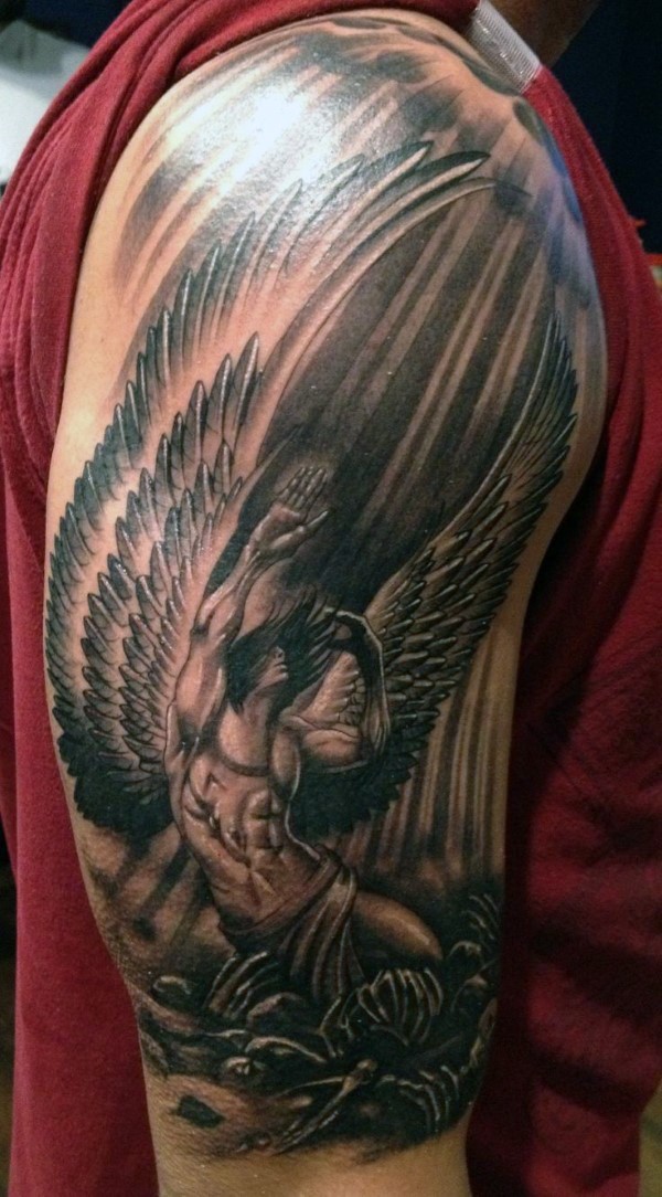 Grey Ink Angel Tattoo Tattoo On Right Half Sleeve