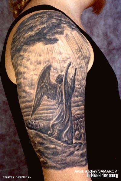 Realistic Angel Tattoo On Man Right Half Sleeve