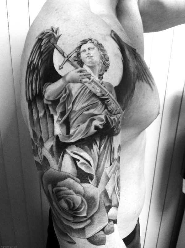 Rose And Angel Tattoo On Right Half Sleeve For Men