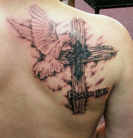 Flying Dove And Cross Tattoo On Right Back Shoulder