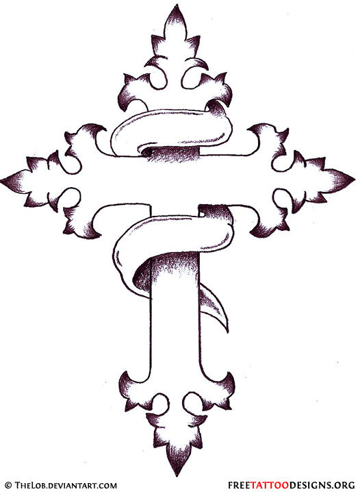 Plain Banner And Cross Tattoo Design