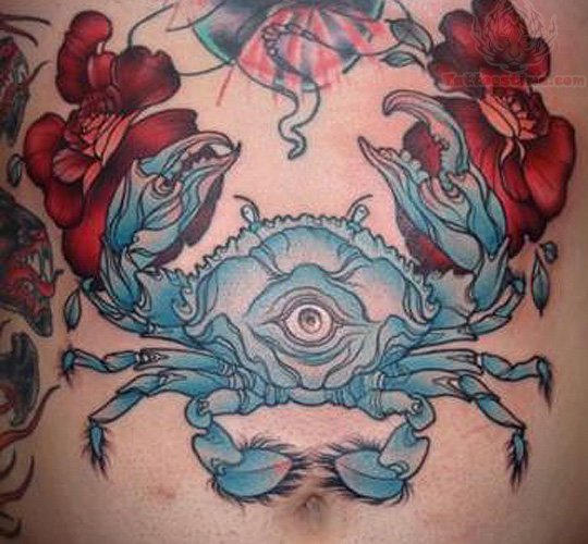Red Flower And Crab Tattoo On Stomach