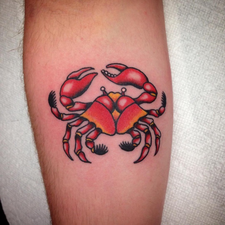 Red Ink Crab Tattoo On Forearm