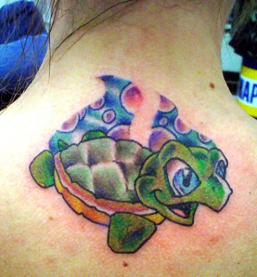 Upper Back Green Turtle Tattoo For Girls