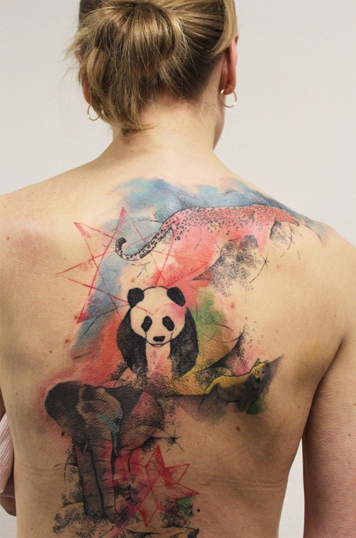 Watercolor Wild Animals And Panda Tattoo On Girl Full Back