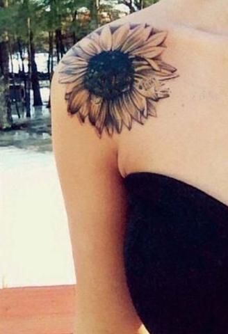 Right Shoulder Black And Grey Sunflower Tattoo