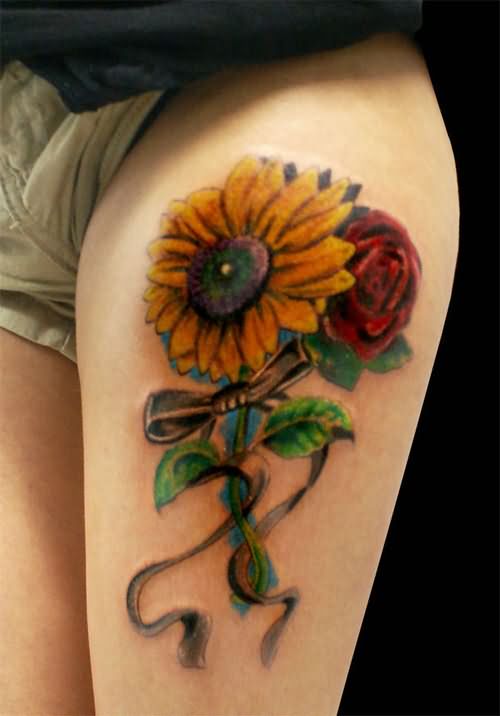 Rose And Sunflower Tattoo On Left Thigh