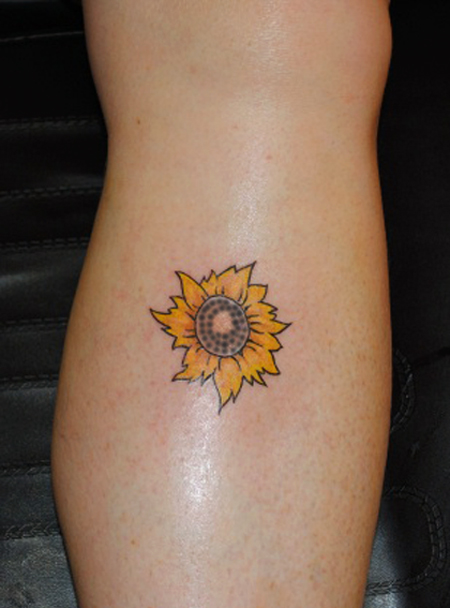 Small Yellow Flower Sunflower Tattoo On Leg