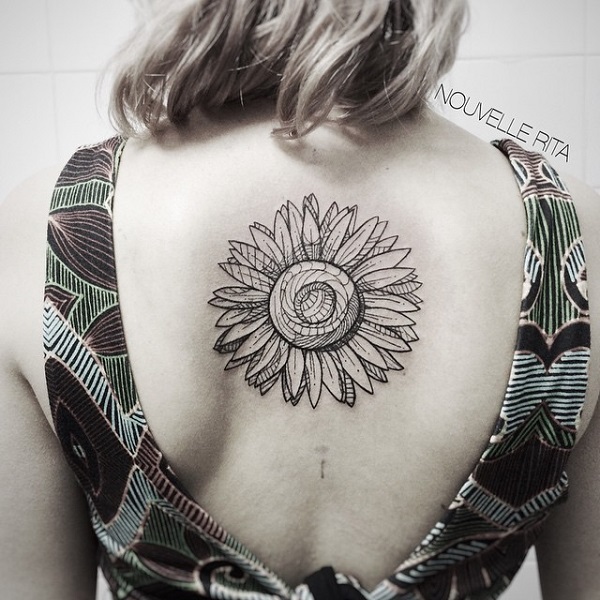 Sunflower Tattoo On Upper Back
