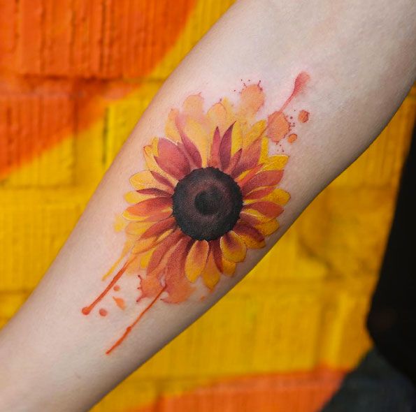 Watercolor Sunflower Tattoo On Forearm