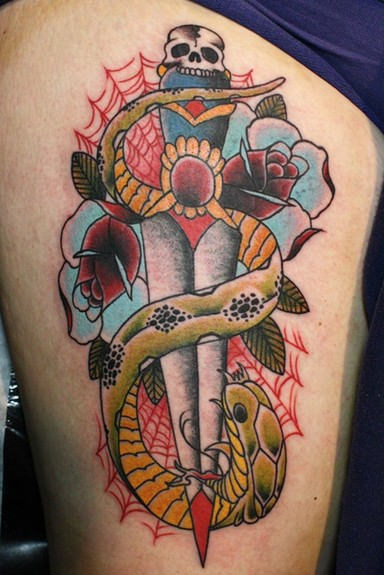 Blue And Red Rose With Dagger Tattoo On Side Thigh