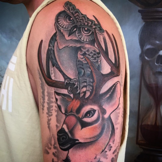 Owl And Deer Tattoo On Half Sleeve
