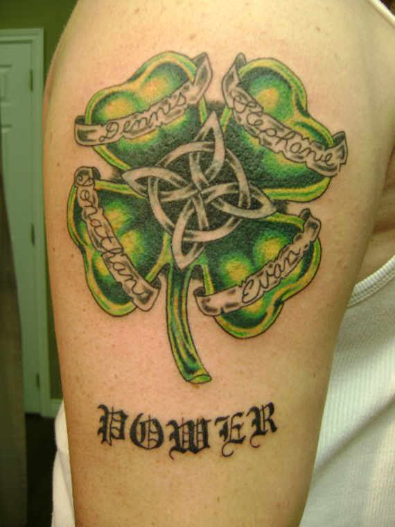 Power Clover Leaf Tattoo On Right Shoulder