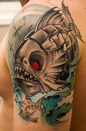 Red Eye Fish Tattoo On Left Shoulder