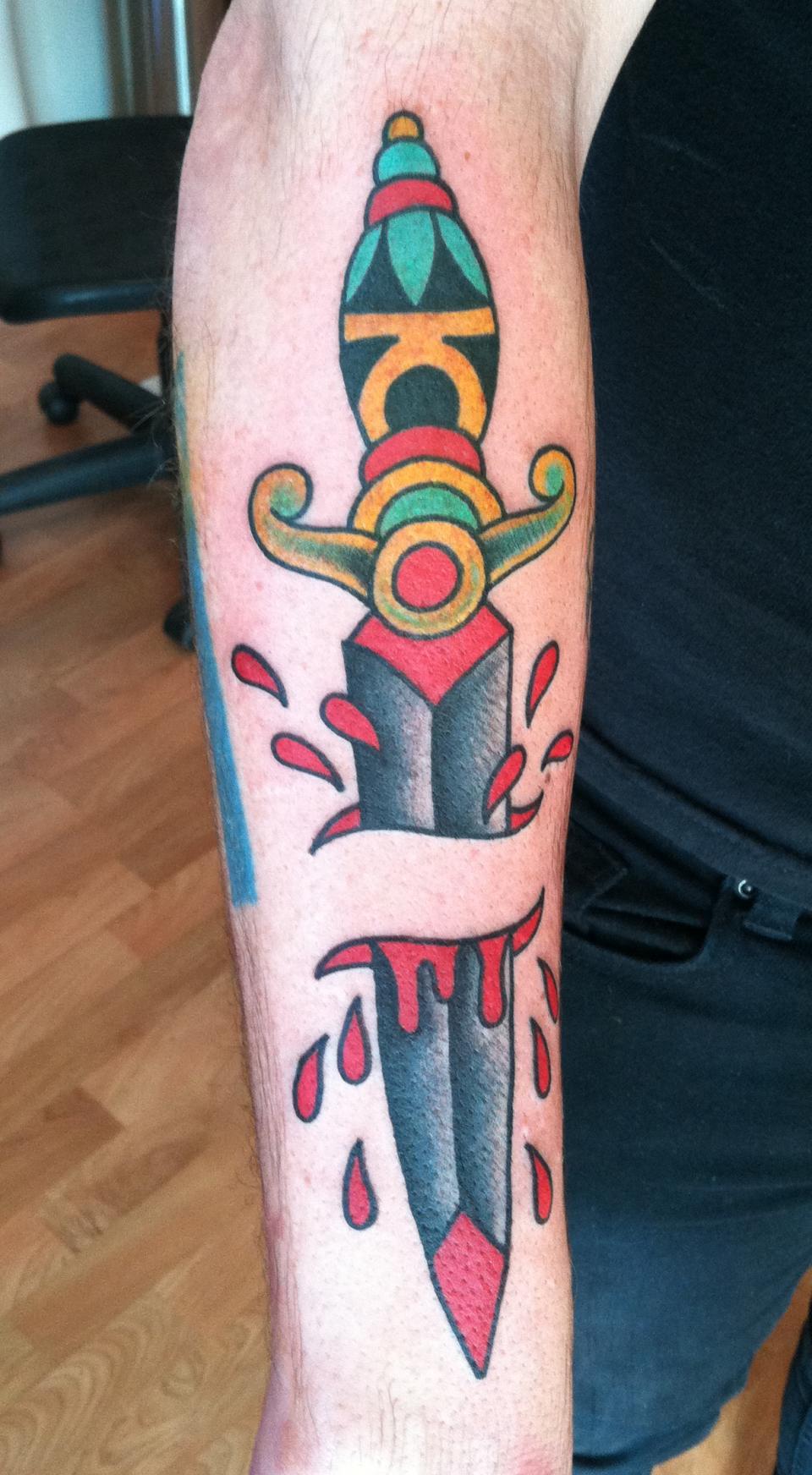 Ripped Skin Dagger Tattoo On Right Sleeve