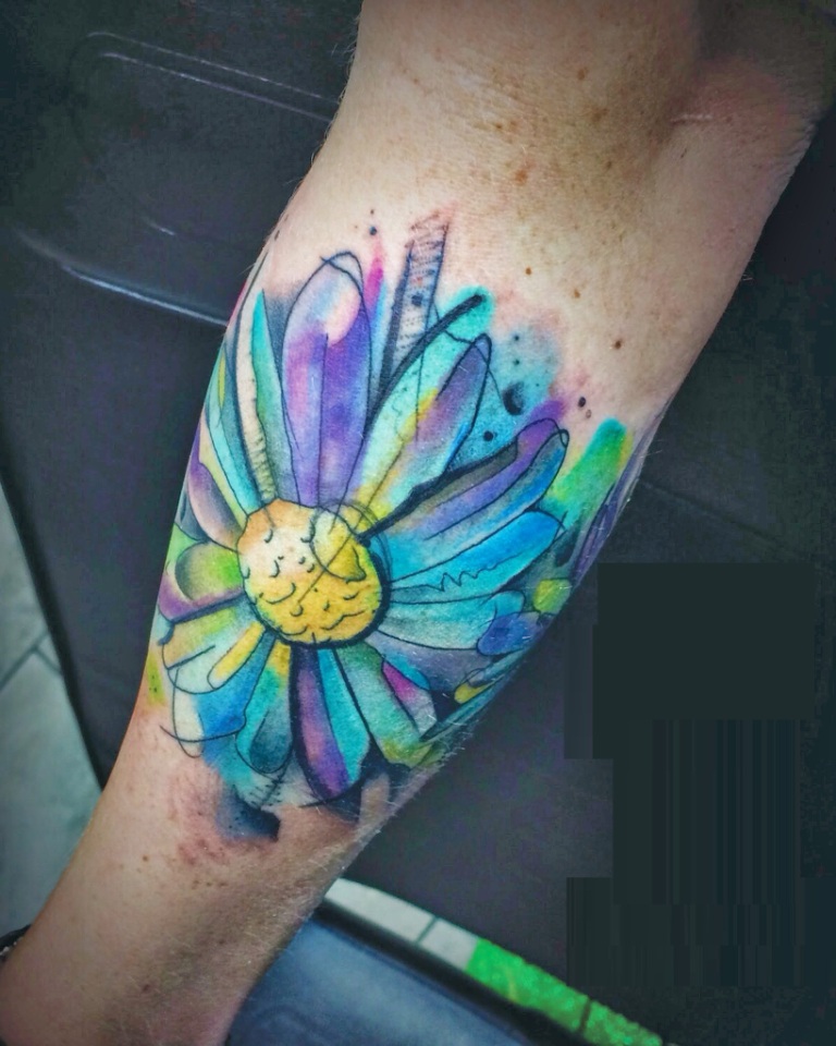 Watercolor Daisy Flower Tattoo On Arm Sleeve