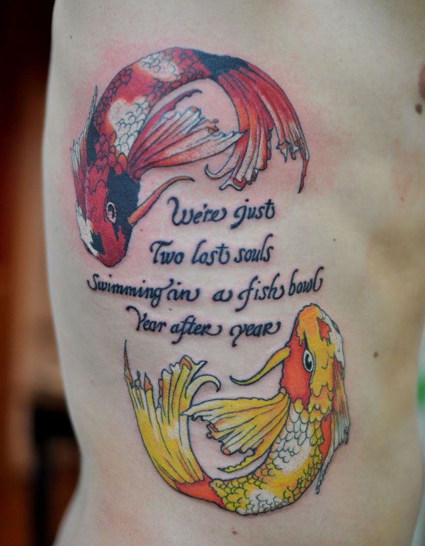 Were Just Two Lost Souls Swimming In A Fish Bowl Year After Year – Fish Tattoo On Side Rib
