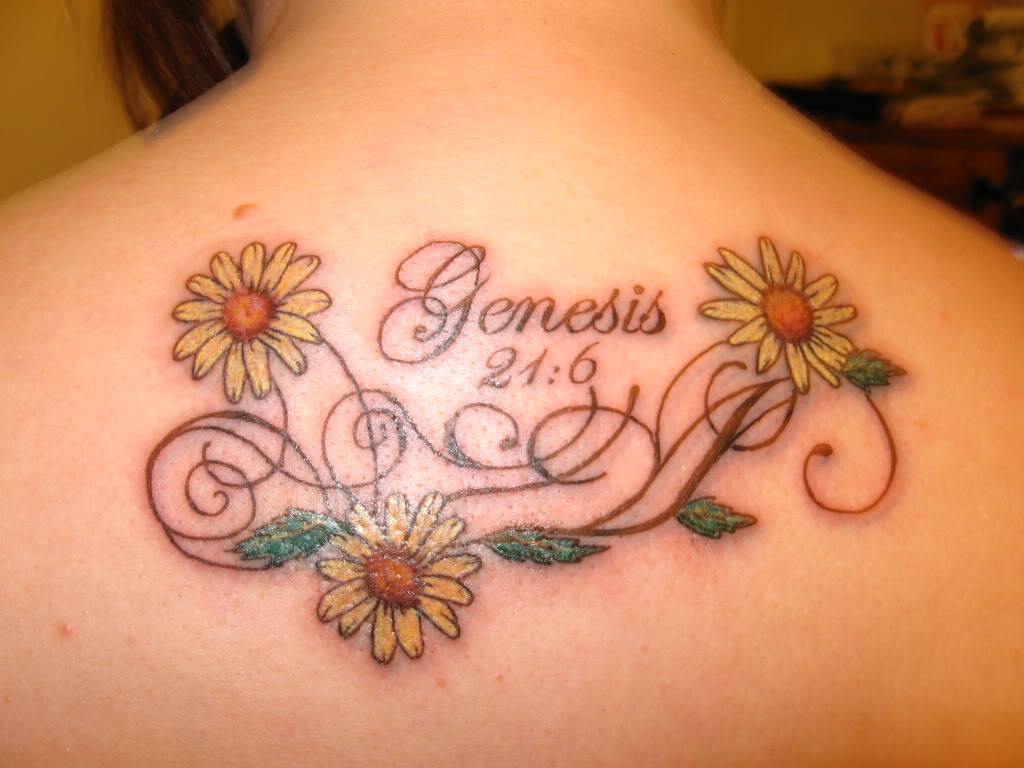 Yellow Flowers And Daisy Tattoo On Upper Back