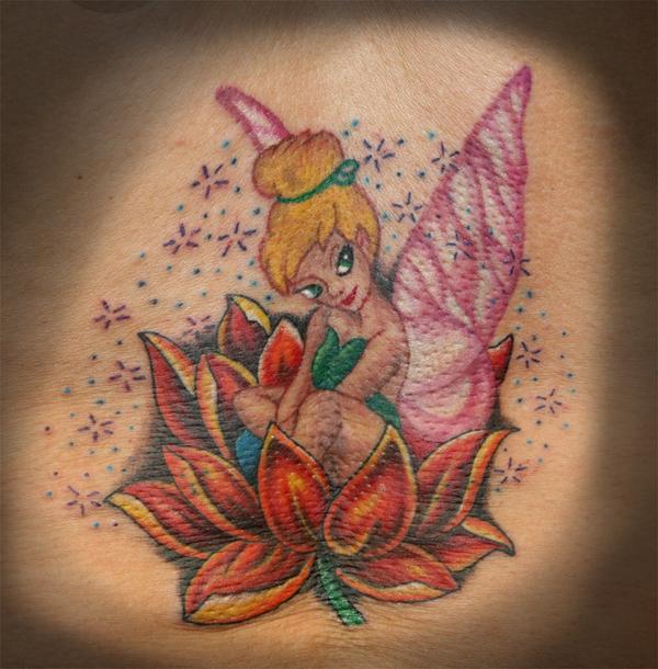 Beautiful Lotus Flower And Tinkerbell Tattoo