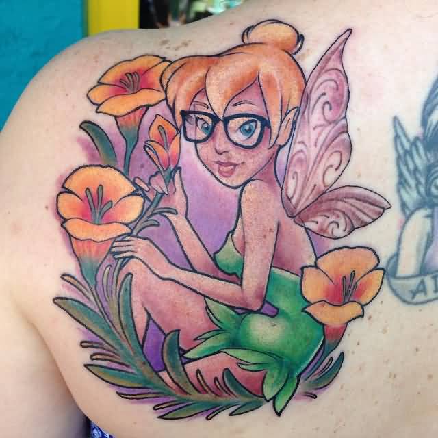 Flowers And Tinkerbell Tattoo Back Shoulder