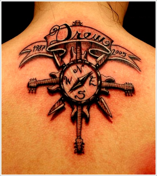 Memorial Compass Tattoo On Upper Back