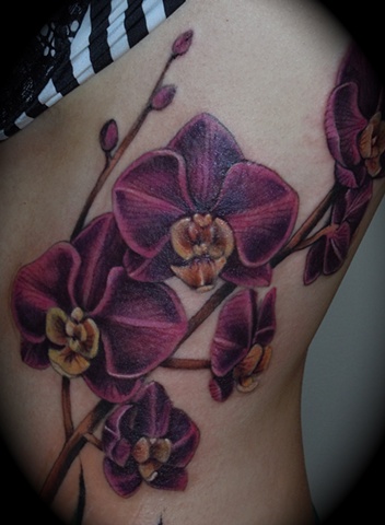 Purple Orchid Flowers Tattoos On Side Rib