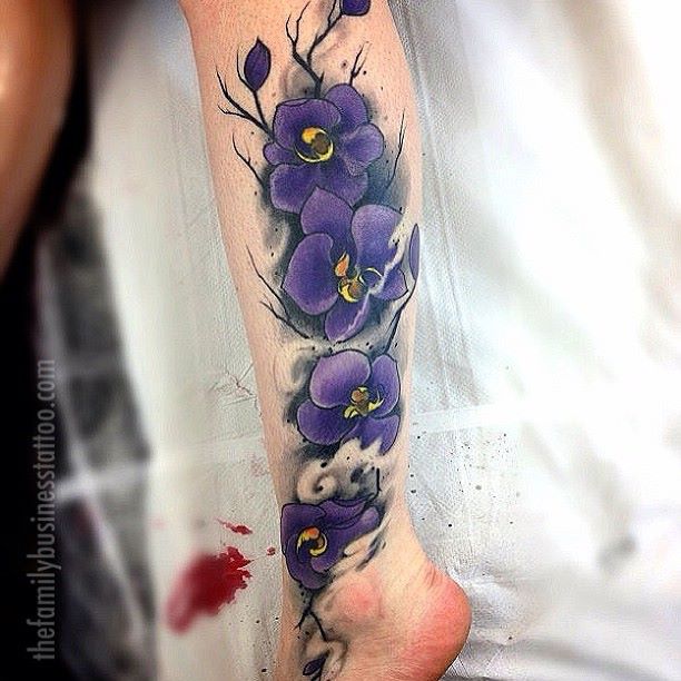 Purple Orchid Tattoos On Full Leg
