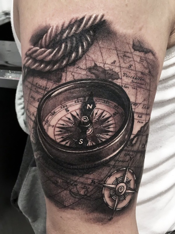 Realistic Compass And Rope Tattoo On Right Bicep