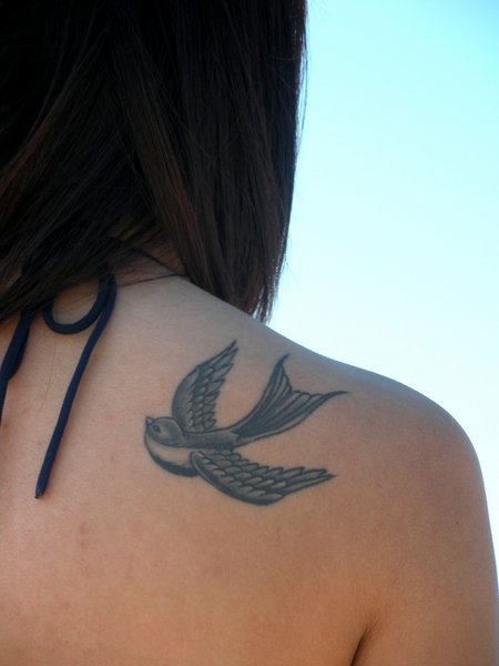 Right Back Shoulder Grey Sparrow Tattoo For Girls