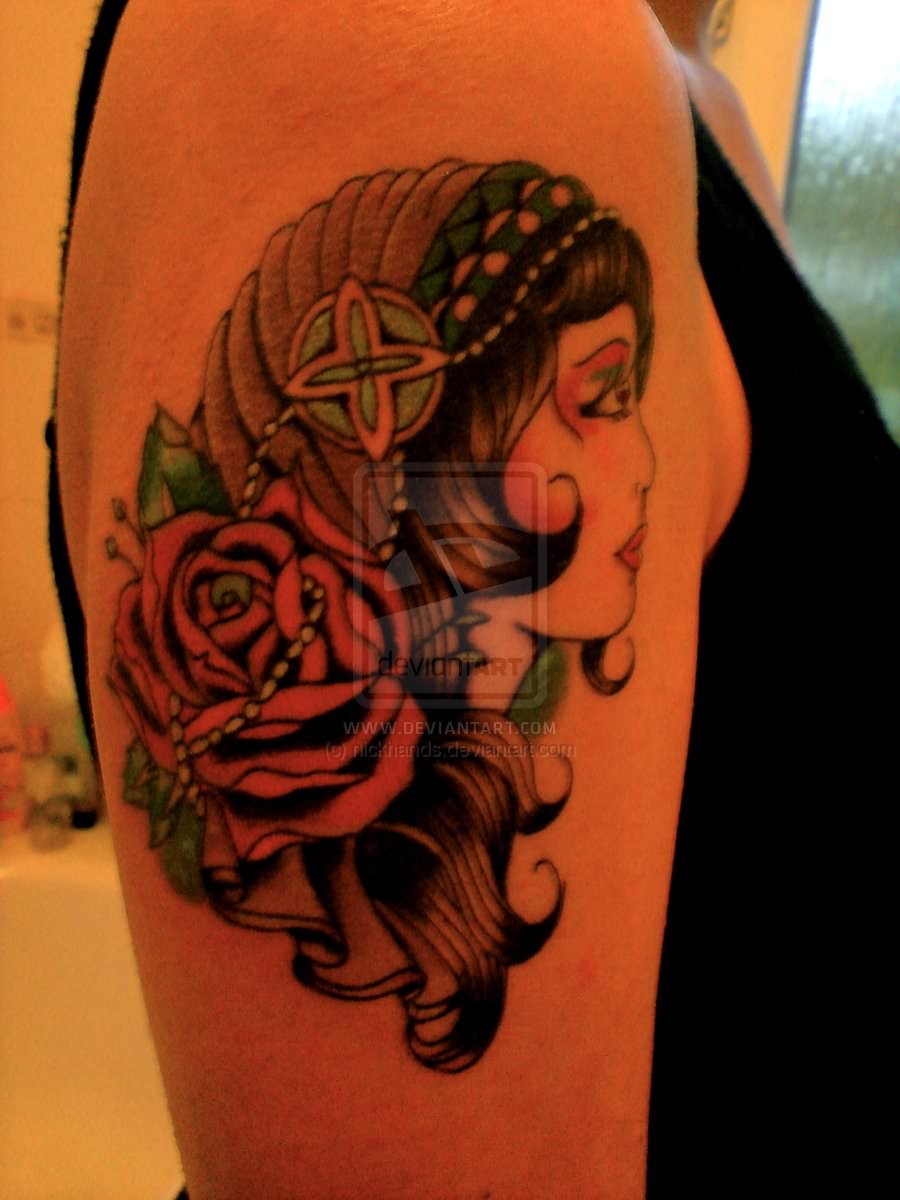 Right Bicep Gypsy Tattoo Idea For Girls