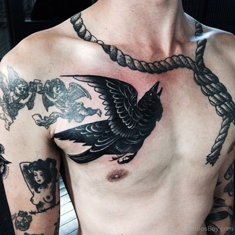 Rope And Crow Tattoo On Man Chest