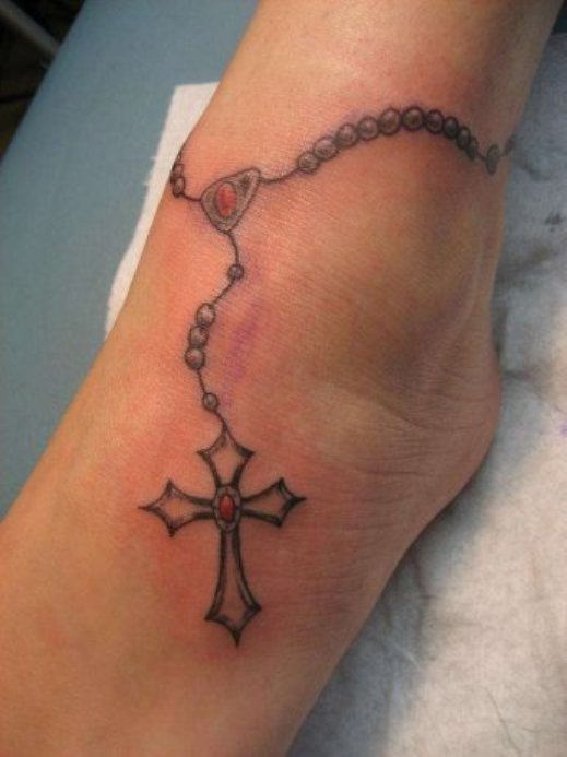 Rosary Cross Tattoo On Girl Left Ankle