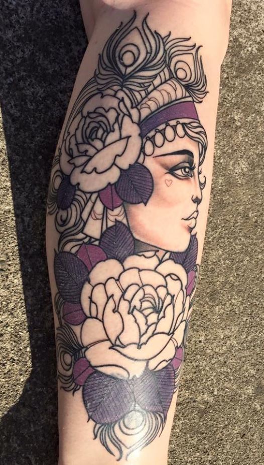 Rose Flowers With Gypsy Tattoo On Side Leg