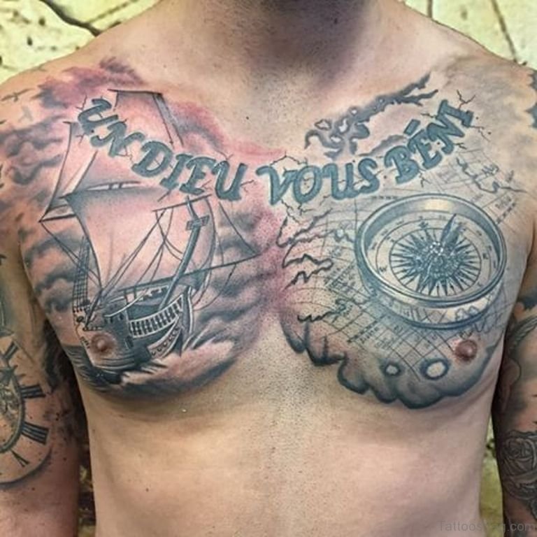 Ship and Compass Tattoo On Man Chest