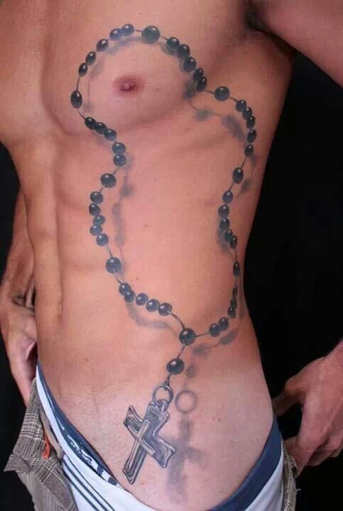 Side Rib Rosary Cross Tattoo For Men