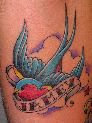 Sparrow With Jamey Banner In Beak Tattoo