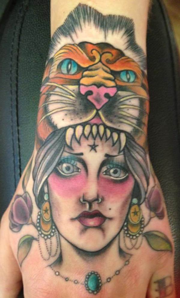Tiger Head Gypsy Girl Tattoo on Hand
