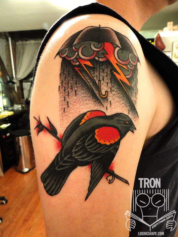 Traditional Crow Tattoo On Right Shoulder