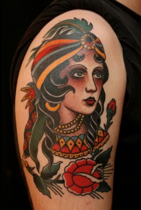 Traditional Gypsy Girl Tattoo On Right Half Sleeve
