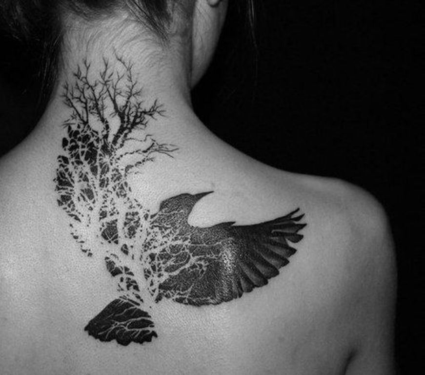 Tree And Crow Tattoo On Upper Back