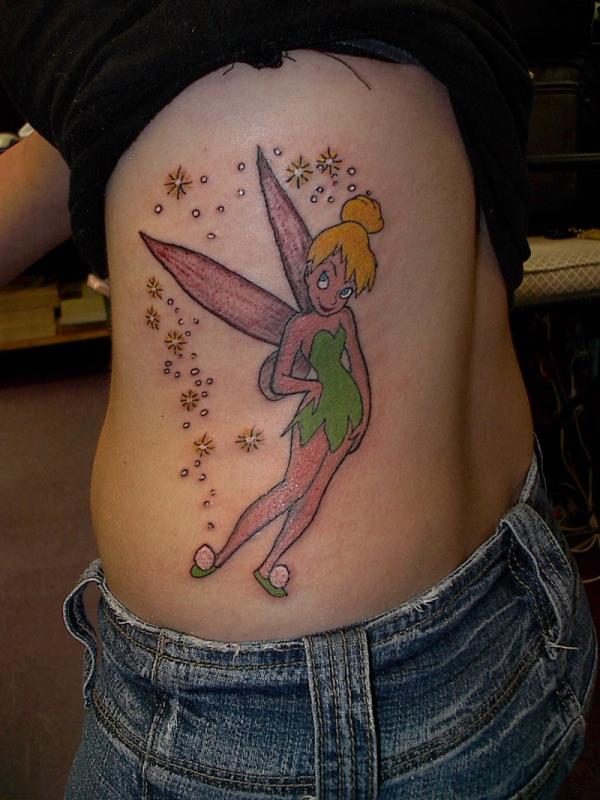 Twinkling Stars And Tinkerbell Tattoo On Rib