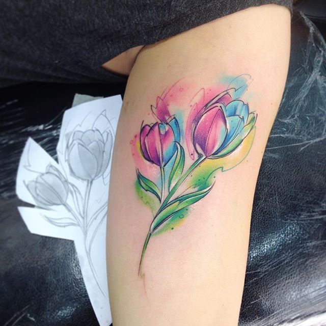Watercolor Tulip Tattoos On Bicep