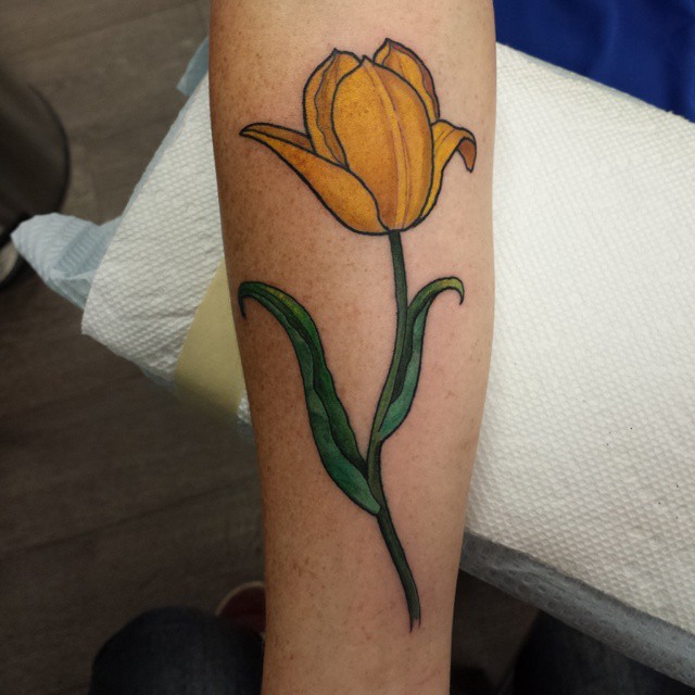 Yellow Ink Tulip Tattoo On Arm Sleeve