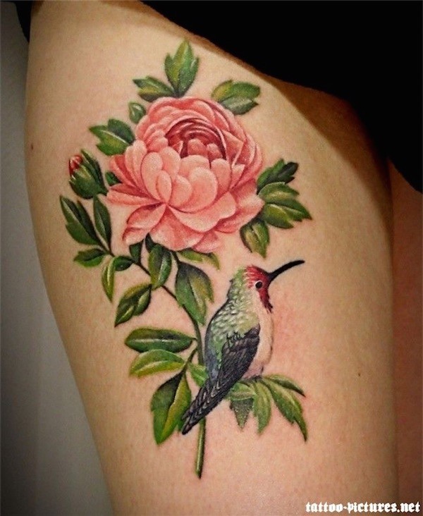 Bird And Flower Tattoo On Right Thigh