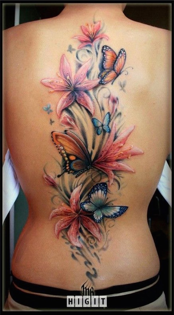 Butterflies And Lily Flowers Tattoo On Girl Full Back