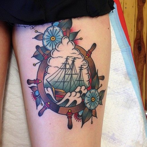 Traditional Ship Tattoo On Left Thigh