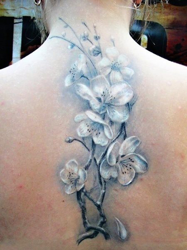 White Ink Flower Tattoos On Upper Back